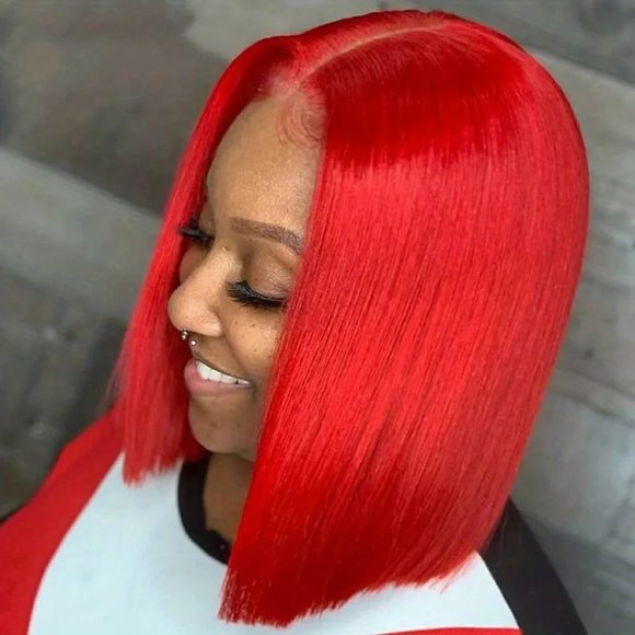 200% Density Bright Red 13×4 Lace Frontal Brazilian Remy Human Hair Bob Wig - Picture 7 of 8